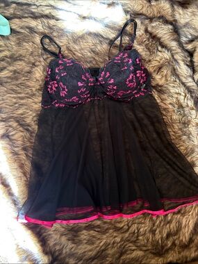 Vintage Intimate Attitudes Babydoll Black Lace Hot Pink Trim Sexy 90s Size 1X